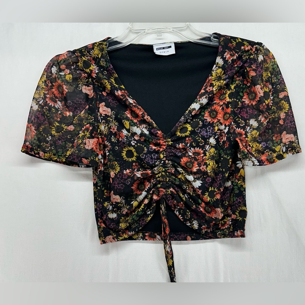 Noisy May Cropped Top Floral Ruched Short Sleeves Boho Western Women's‎ Size XS
